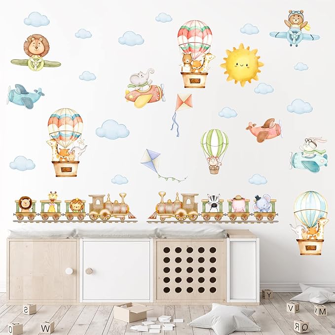 Train Animal Wall Stickers Cartoon Animal Wall Stickers Airplane Hot Air Balloon Decals Watercolor Sun Cloud Decals Cute Balloon Animals Sticker for Nursery Kids Room Playroom Decor