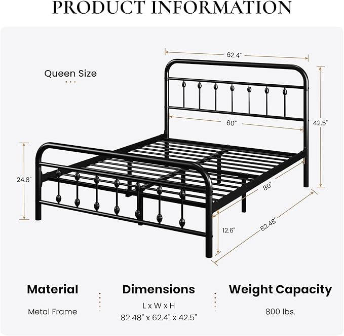 SHA CERLIN Queen Size Metal Platform Bed Frame with Victorian Style Iron-Art Headboard and Footboard, Easy Assembly, Under Bed Storage, No Box Spring Required, Black