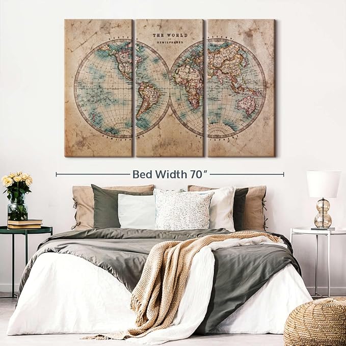 ElephantStock Hemisphere Map Wall Art Multi Piece Canvas - 3 Piece Canvas World Map Wall Decor - Wall Decor Print - Vintage Wall Art - 65" X 42"