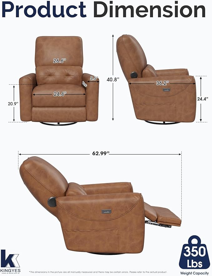 KINGYES Swivel Power Recliner, Glider Rocking Chair for Nursery, 270° Swivel Nursery Rocking Chair, Bluetooth Speaker & USB-C Port, Faux Leather Single Recliner Sofa for Breastfeeding, Brown