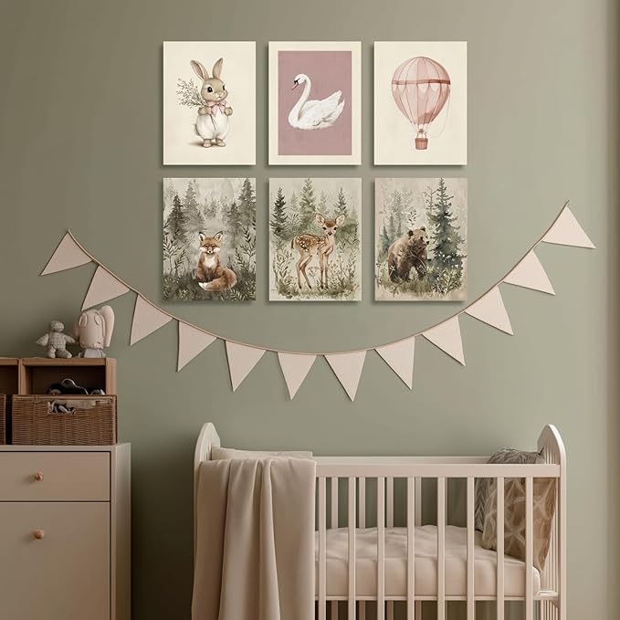 kilamino Pink Baby Girl Nursery Wall Art, Neutral Cute Rabbit and Swan Wall Decor, Vintage Hot Air Balloon Poster Prints, Pastel Bunny Animals Canvas Paintings for Baby Room Playroom Framed 12"x16"x3