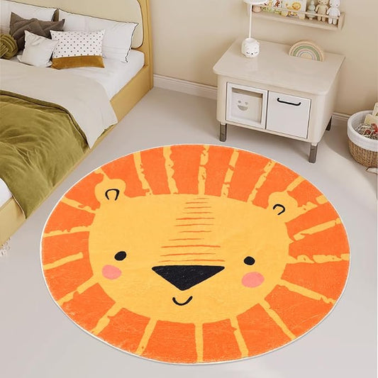 ABREEZE Kids Play Rug 4ft, Lion Round Area Rug Kids Nursery Door Mat Soft Plush Non-Slip Childrens Carpet for Bedroom Living Room Playroom,Orange
