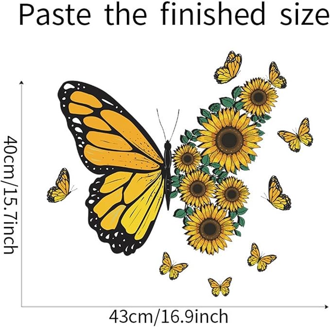Large Butterfly Wall Decals, Sunflower Wall Stickers Yellow Butterfly Flower Wall Decal Murals Peel and Stick Wallpaper Art Decal for Nursery Bedroom Living Room Classroom