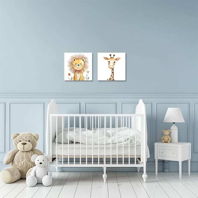 Baby Animal Framed Canvas Wall Art Set of 2 - Cute Baby Lion Giraffe Paintings Posters Woodland Animals Pictures Prints for Kids Room Bedroom Decor(Artwork-03, 20"x20"x2P)