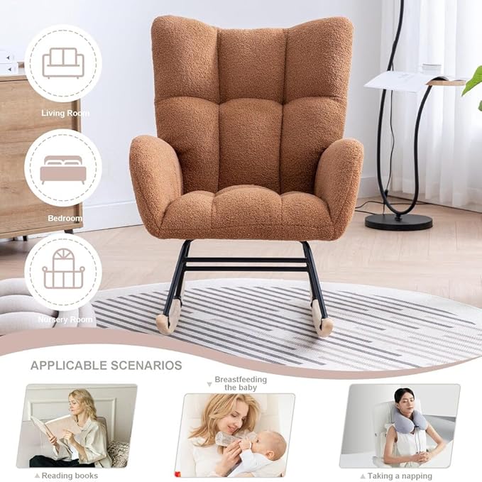 Nursery Rocking Chair Teddy Upholstered Glider Rocker Rocker Accent Chair with High Backrest Armchair Comfy Side Pocket Modern Rocking Accent Chairs for Living Room, Nursery, Office-Brown
