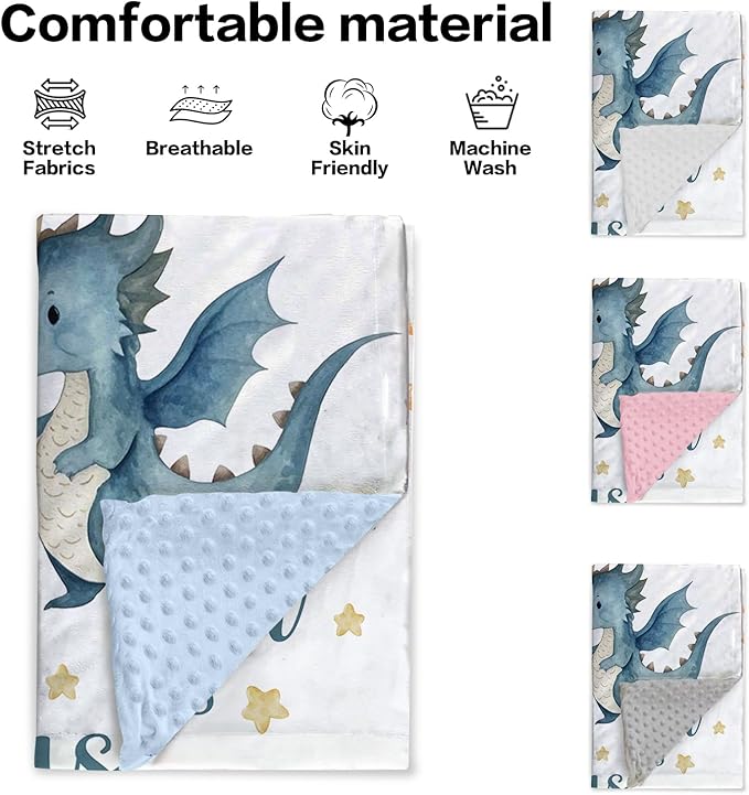 Personalized Baby Blankets for Boys Girls, Custom Name Blue Dinosaur Baby Blanket, Soft Receiving Blanket for Newborns and Toddlers, Ideal for Baby Showers and Nursery Decor