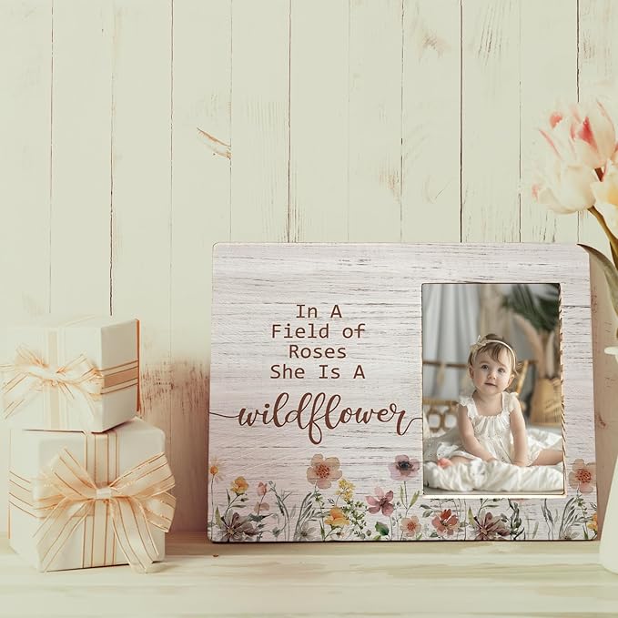 Baby Girl Picture Frame, Gifts for Daughter, In a Field of Roses She Is a Wildflower Picture Frames, Girl Photo Frame for Daughter Friend Girls, Inspirational Wood Photo Frame for 4x6 Photos
