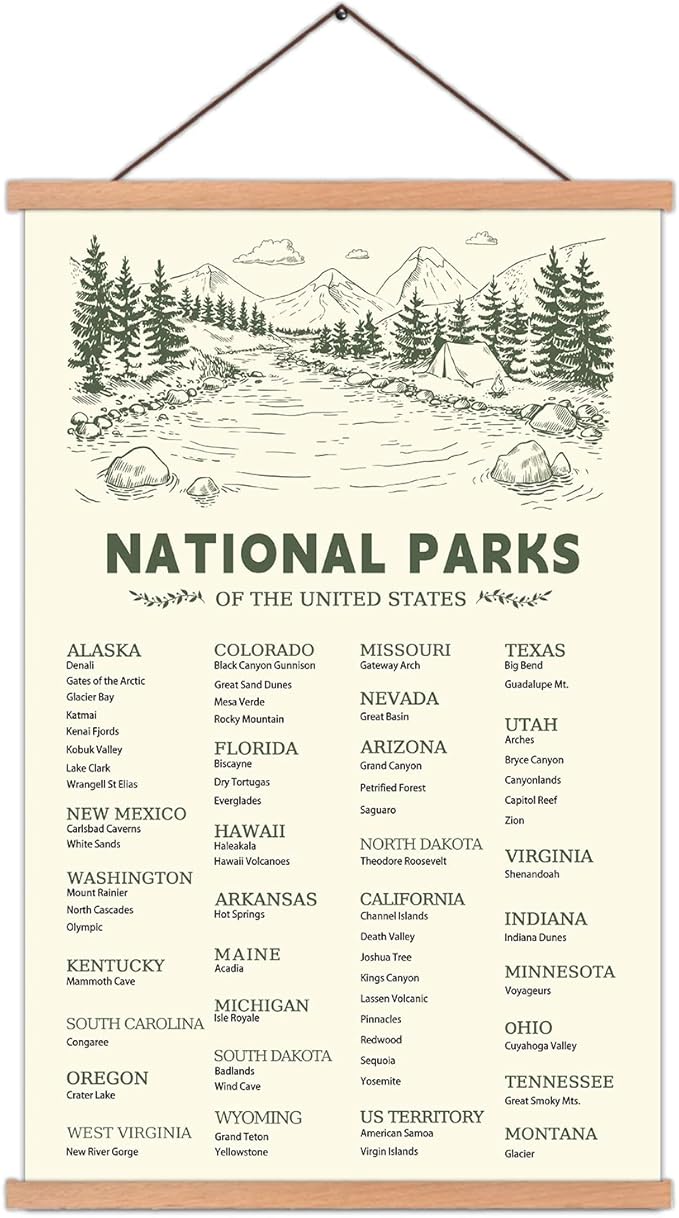KAIRNE US National Park Checklist Poster,Park Posters for Travel Sign With Wooden Hanging Framed(28CMx46CM),Inspirational Rustic Decor,National Park Map Posters Gift for Hiker or National Park Lover