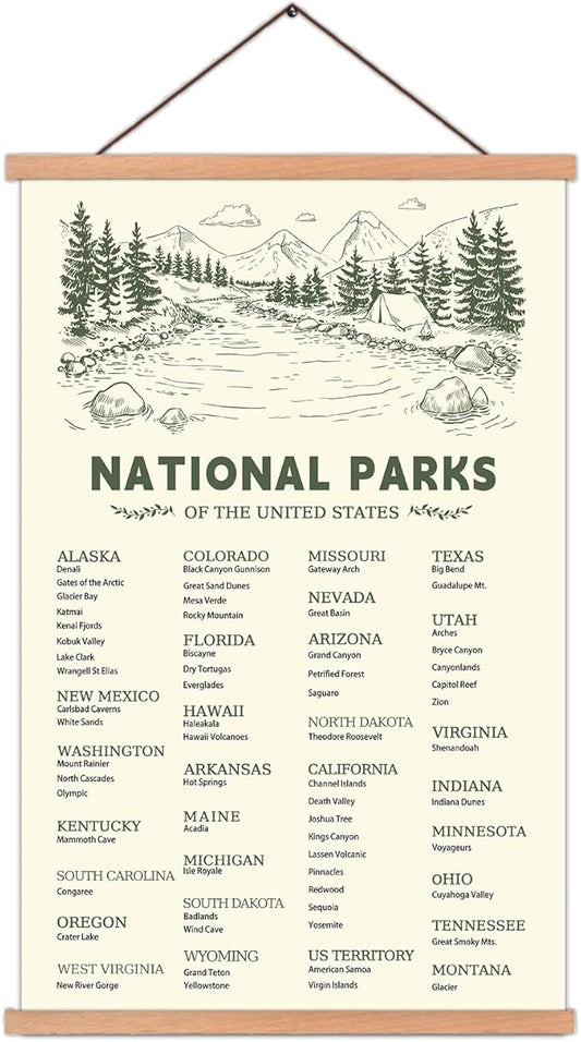 KAIRNE US National Park Checklist Poster,Park Posters for Travel Sign With Wooden Hanging Framed(28CMx46CM),Inspirational Rustic Decor,National Park Map Posters Gift for Hiker or National Park Lover