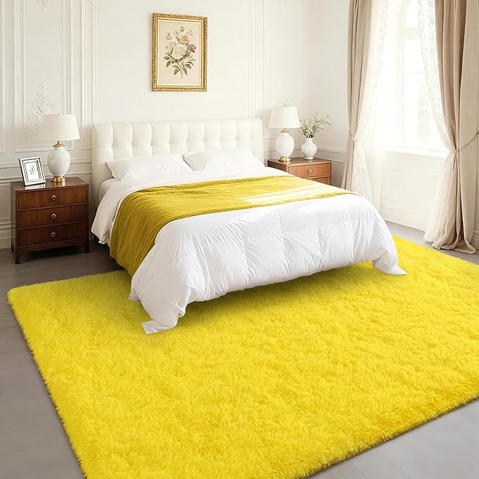 BENRON Fluffy Rugs for Living Room 5x8 Yellow, Washable Large Area Rugs for Bedroom Dining Table Office Kids Nursery Room, Washable Indoor Floor Carpets