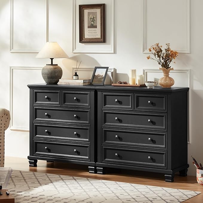 Farmhouse 5 Drawer Dresser for Bedroom, 32.6 Inch Tall Vintage Wood Chest of Drawers, Rustic Small Dressers w/Square Solid Wooden Legs, Mid-Century Storage Organizer for Living Room, Black