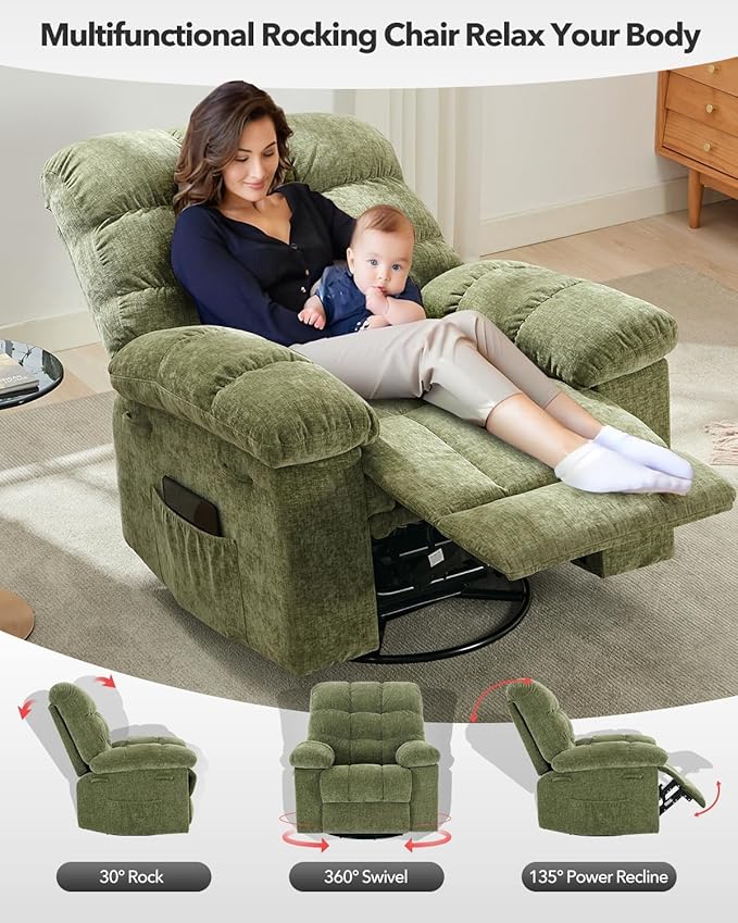 Swivel Recliner Chair, Upholstered Fabric Comfy Rocking Chair, Sturdy Q235 Steel Frame Nursery Glider, 300 LBS Capacity, for Small Spaces, Living Room, Bedroom, Green