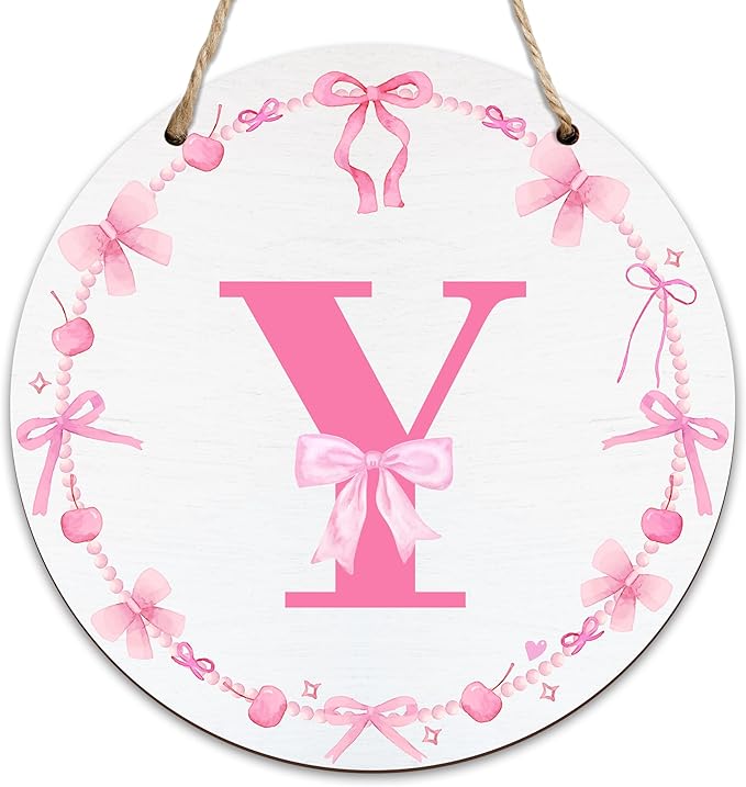 Monogram Round Sign For Front Door, Cherry Bow Theme Sign For Porch Art Wall Door, Initial Signs Hanging Ornament For Indoor Outdoor, Decorations Gifts For Four Seasons Rustic Home Kitchen, Y, A25