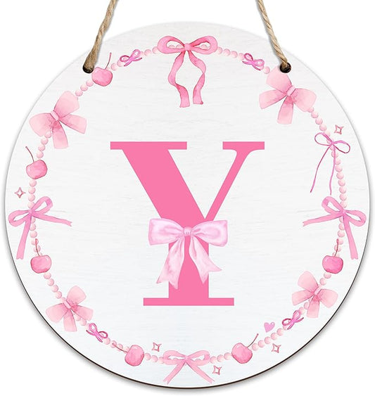 Monogram Round Sign For Front Door, Cherry Bow Theme Sign For Porch Art Wall Door, Initial Signs Hanging Ornament For Indoor Outdoor, Decorations Gifts For Four Seasons Rustic Home Kitchen, Y, A25