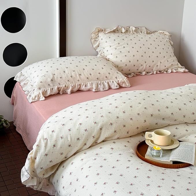 AOJIM Muslin Cotton Kids Duvet Cover 1 Piece with Cute Pink Pattern Super Soft Comforter Cover Twin Size, Comfy Ruffled Edge Bedding Duvet Cover 2-Layer Gauze for Girls Boys,No Quilt or Pillowcases