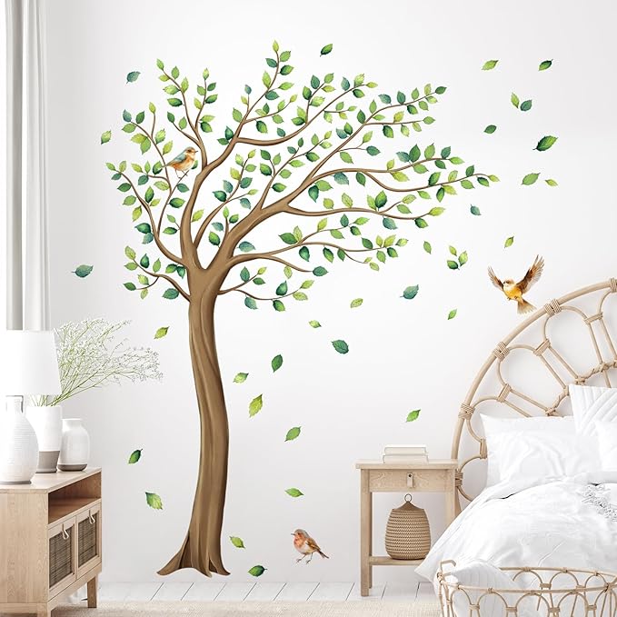 Tanlaby Large Tree Wall Stickers Green Leaves Birds Wall Decals Peel and Stick Falling Leaf Art Decor for Kids Girls Nursery Room Bedroom Living Room Kindergarten (H: 64 inch)