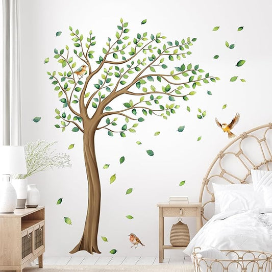 Tanlaby Large Tree Wall Stickers Green Leaves Birds Wall Decals Peel and Stick Falling Leaf Art Decor for Kids Girls Nursery Room Bedroom Living Room Kindergarten (H: 64 inch)