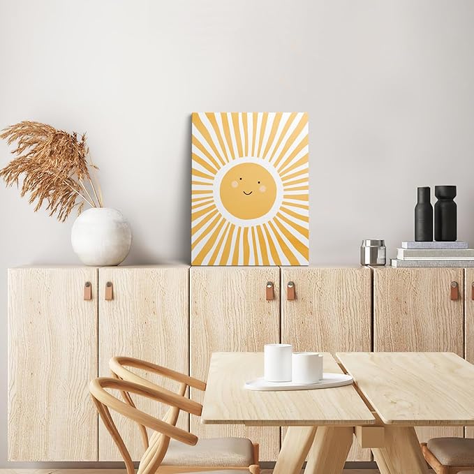 XWELLDAN Cute Cartoon Smiling Sun Cheerful Nursery Wall Art Canvas Prints,Watercolor Boho Neutral Sun Sunshine Wall Art Decor for Kids Baby Bedroom Nursery Playroom, 11 x 14 Inch, Framed
