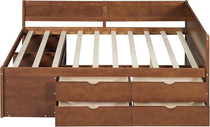 Full Size Daybed with 4 Storage Drawers and Shelves, Wooden Full Platform Bed Frame with L-Shaped Headboard and Slats Support, Corner Bed Full Captain Beds for Kids Boys Girls Teens, Walnut
