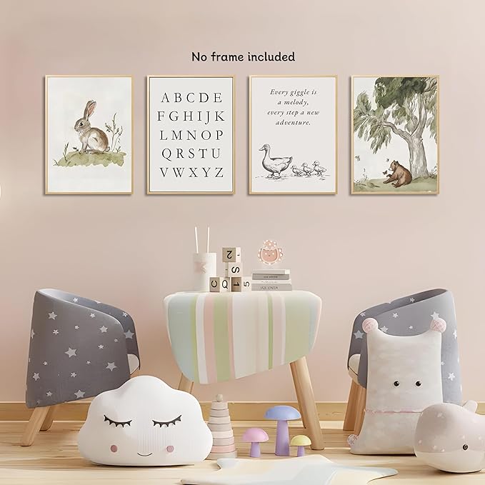 Nursery Gallery Wall Art Animal Canvas Prints Vintage Rustic Poster Set for Kids’ Room Decor Alphabet Inspirational Quotes Wall Art Neutral Baby Room Painting Unframed16x24 Inches