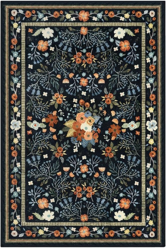 Area Rugs for Living Room 6x9, Washable Non-Slip Thin Floral Vintage Boho Rug for Bedroom Dining Room Office, Non-Slip Rug for Kitchen Indoor Lightweight Carpet, Black/Multi