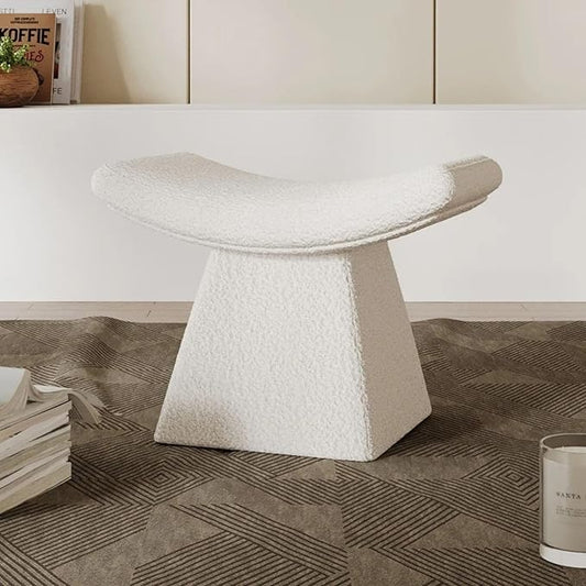 homary Vanity Chair Boucle Curve Ottoman, Plush Upholstered Foot Stool for Lving Room, High-Resilience Foam Chair for Bedroom, Stool Short for Entryways (White)
