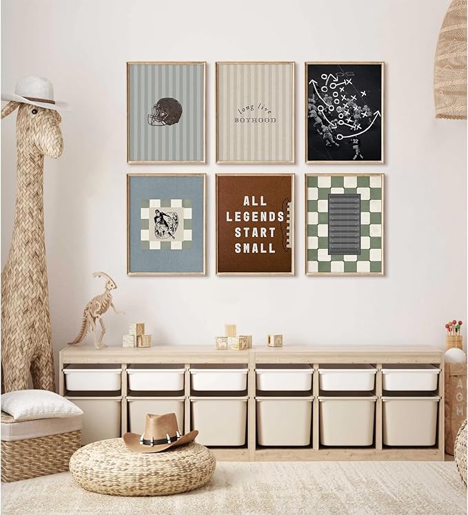 Vintage Football Nursery Wall Art Boys Room Sports Canvas Wall Decor Vintage Football Pictures Prints Boy Sports Posters Nursery Artwork Painting for Kids Toddler Bedroom 8x10 Inch Unframed Set of 6