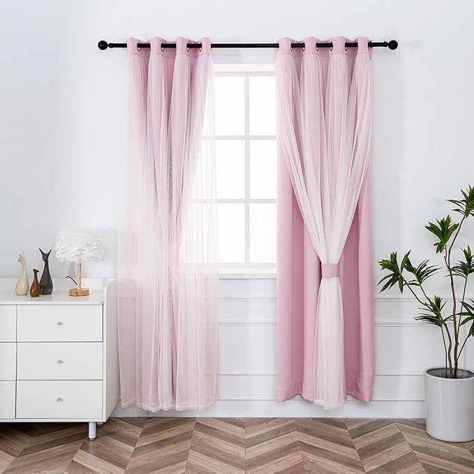 INLINAS Pale Pink Blackout Curtains with Sheer Overlay - Grommet Top Thermal and Noise Reduction Panels for Bedroom and Living Room Light Blocking and Energy Saving, 52 x 108 Inches, Set of 2
