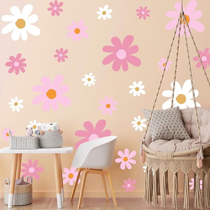 TaoBary 12 Sheets Daisy Wall Decal Flower Wall Sticker Cute Daisy Sticker Pink White Flower Decal Peel and Stick Floral Wallpaper for Nursery Bedroom Home Decor(Pink Color,Vibrant Style)