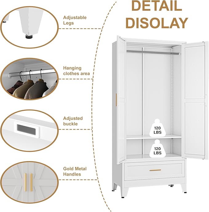 Metal Wardrobe Closet Cabinet with Drawers,71" H Large Bedroom Armoires with Shelves and Hanging Rod,Wardrobe Storage Cabinet with 2 Doors, 1 Adjustable Shelf and Drawers (1Drawer, White)