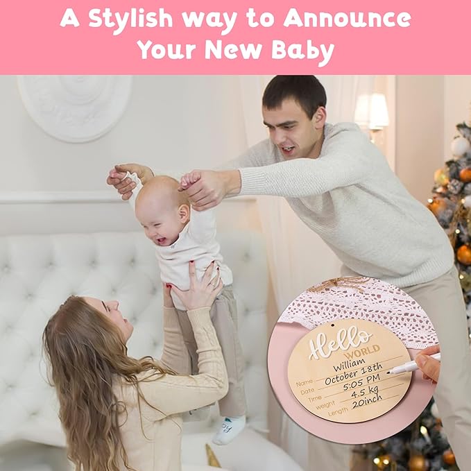 Hello World Newborn Sign: Baby Announcement Wooden Name Sign with Footprint Marker and Stand - Perfect Birth Announcement for Newborns