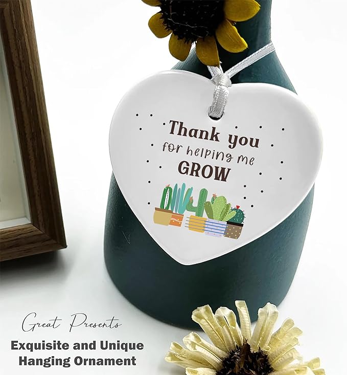 Heart Shaped Christmas Ornament-Teacher Appreciation Week Gift-Thank You Present for Teacher Mentor Instructor Helping Me Grow Inspirational Ceramic Keepsake Decor