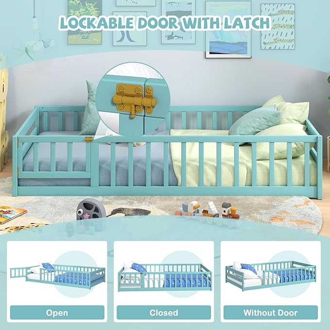 Giantex Twin Floor Bed with Door & Fence, Kids Wood Montessori Beds with Safety Guardrails, Floor Bed Twin for Kids, Boys, Girls, No Box Spring Needed, ICY Aqua