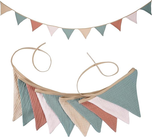 Fabric Bunting Banner, 2 Pack Handmade Neutral String Banner Each 8.5 ft 10 Flags Nursery Wall Hanging Wedding Birthday Home Baby Shower Party Decoration Bunting (Light Candy)