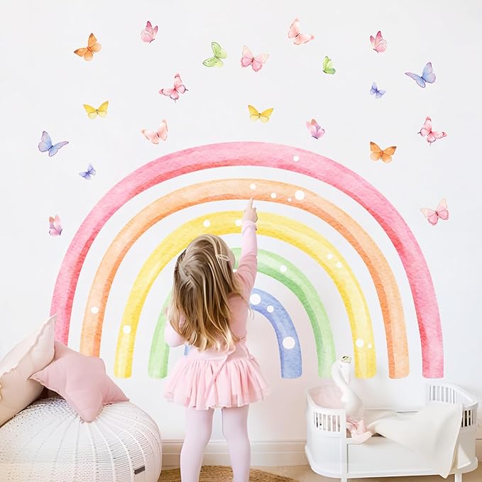 H34.6 Large Rainbow Wall Decals, Watercolor Wall Stickers Peel and Stick Mural for Girls Boys Nursery Kids Room Home Decor