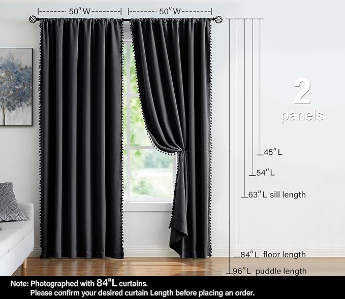 Treatmentex Pompom Blackout Curtains Bedroom Black 84 inch Length Windows Drapes Triple Weave Thermal Insulated Curtain Panels for Nursery Room Studio Hotel 52" w x2 Panels Rod Pocket