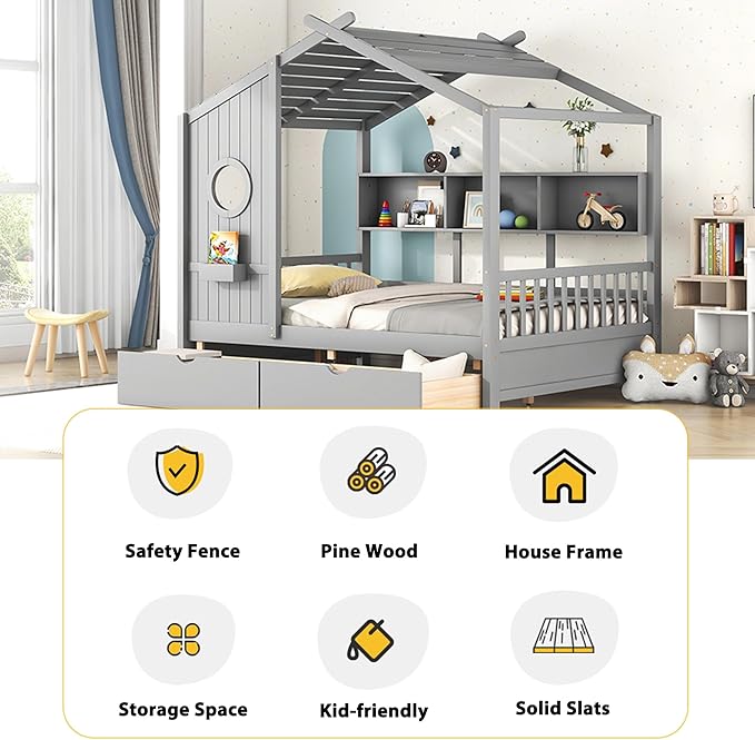 Bellemave Full Size House Bed with 2 Storage Drawers,Kids Bed with Storage Shelves,Wooden House Bed Frame for Girls,Boys,Can be Decorated,Gray