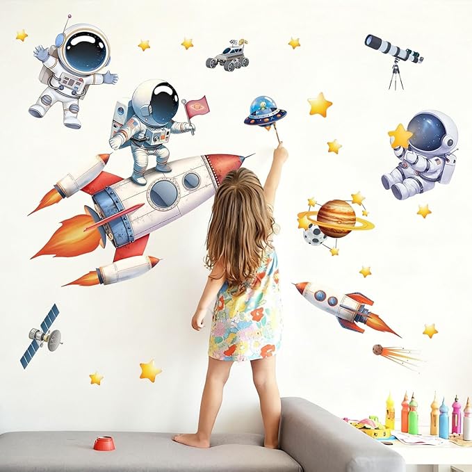 Astronaut Wall Decals Removable Peel and Stick Window Clings 2-Sheet Set with Planets, Outer Space, Rocket Boys Design for Kids Room, Nursery Classroom, Playroom Wall Decor