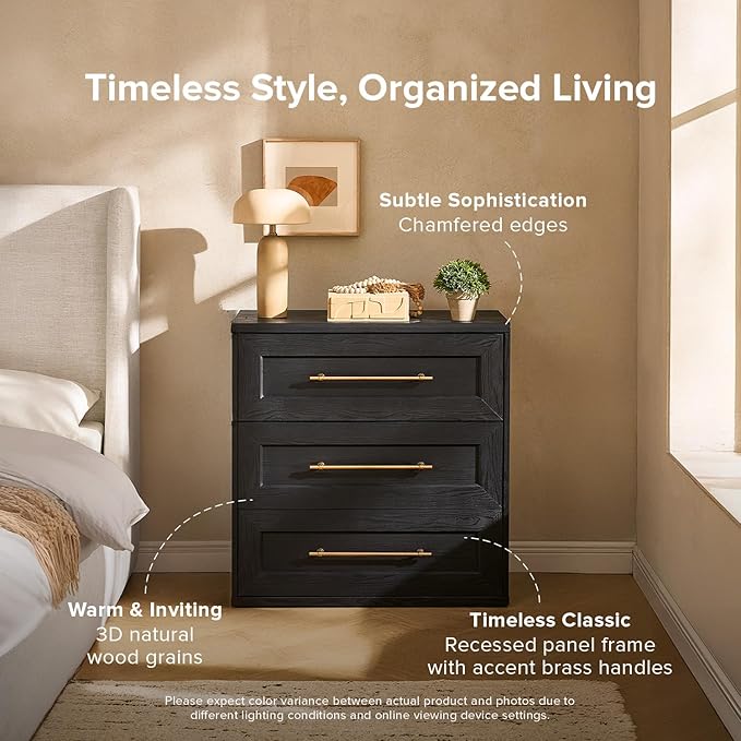mopio Blake 3 Drawer Dresser for Bedroom, Chest of Drawers, Wood Dresser Organizer, Modern Farmhouse, Tall Night Stand, Enhanced Safety, Sturdy Compliant (1, Black Oak, One Size)