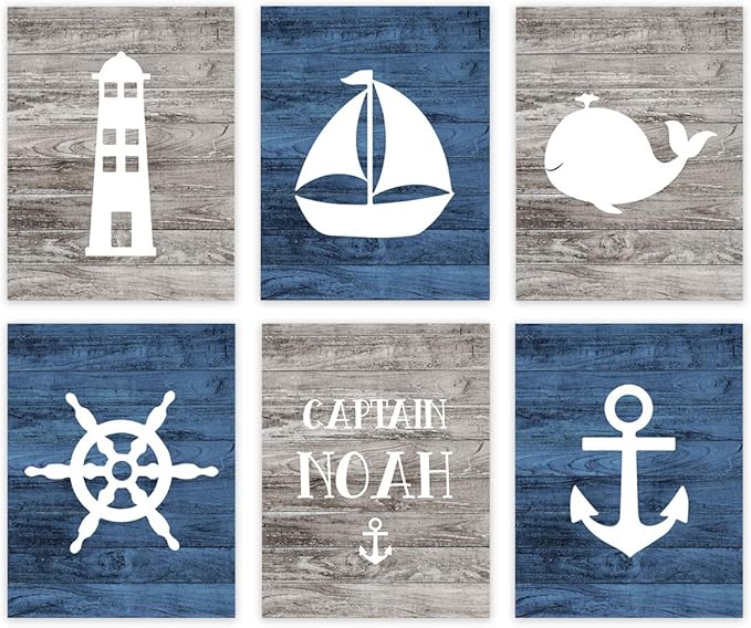 Andaz Press Personalized Ocean Nautical Sailor Theme Nursery Kids Bedroom Hanging Wall Art Decor, 8.5x11-inch, Rustic Distressed Blue Wood, Anchor, 6-Pack, Custom Name Unframed Room Poster