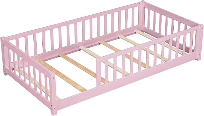 Twin Size Kids Montessori Floor Bed,Twin Floor Bed Frame with Slats,Solid Wood Twin Bed Frame for Girls Boys,Pink