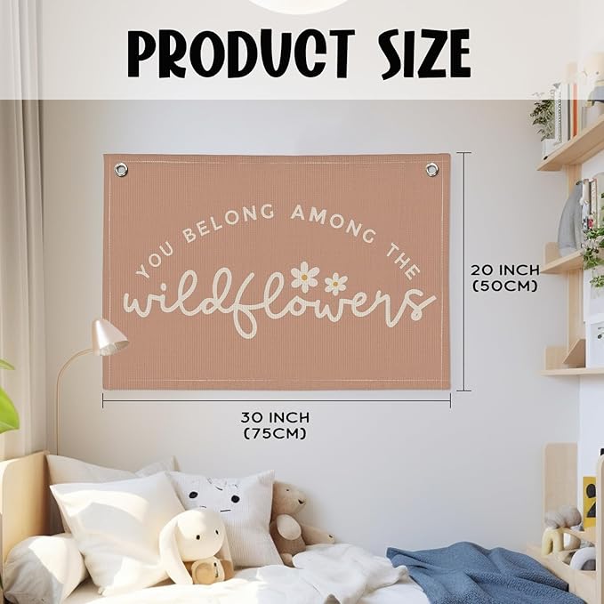 Girls Room Decor, Wildflower Baby Girl Nursery Decor, Baby Shower Pink Linen Canvas Banner, Wall Hanging Banner Flag 20x30 Inch