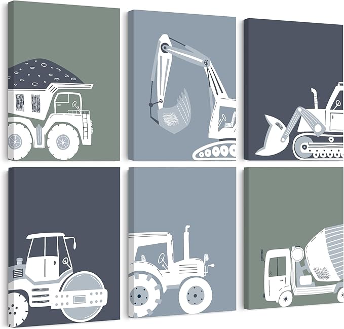 Construction Truck Wall Art Nursery Canvas Wall Decor Boys Room Wall Art Kids Car Posters Toddler Prints Nursery Artwork Excavator Tractor Pictures for Playroom Bedroom 8x10x6 Inch Framed