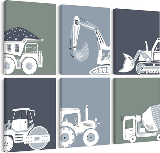 Construction Truck Wall Art Nursery Canvas Wall Decor Boys Room Wall Art Kids Car Posters Toddler Prints Nursery Artwork Excavator Tractor Pictures for Playroom Bedroom 8x10x6 Inch Framed