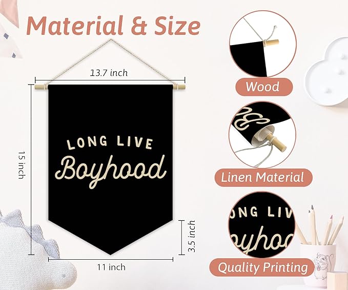 Boy Room Decor,Long Live Boyhood Black Canvas Banner Nursery Playroom Wall Decor for Boys Bedroom Toddler Decorations Teen Boy Room Decor,Playroom Decor Wall Hanging Flag 15x11 Inch
