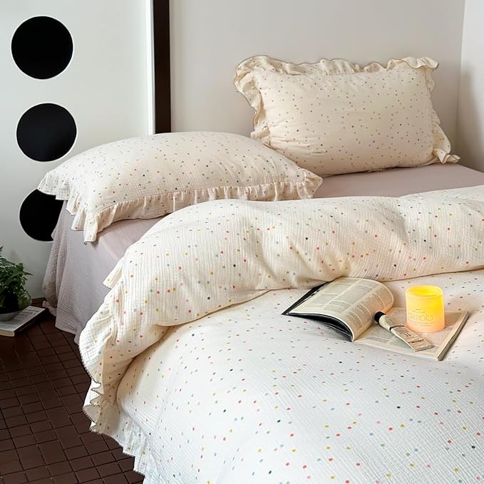AOJIM Muslin Cotton Kids Duvet Cover 1 Piece for Girls and Boys - Super Soft Aesthetic Comforter Cover 79X90'' - Breathable Ruffled Edge Bedding Duvet Cover for Room Decor-Polka Dot Pattern, No Quilt