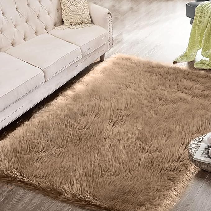 Faux Sheepskin Beige 3x5 Fluffy Fur Washable Area Rugs for Bedroom Shaggy Carpet for Living Room Nursery Rug Cute Home Décor
