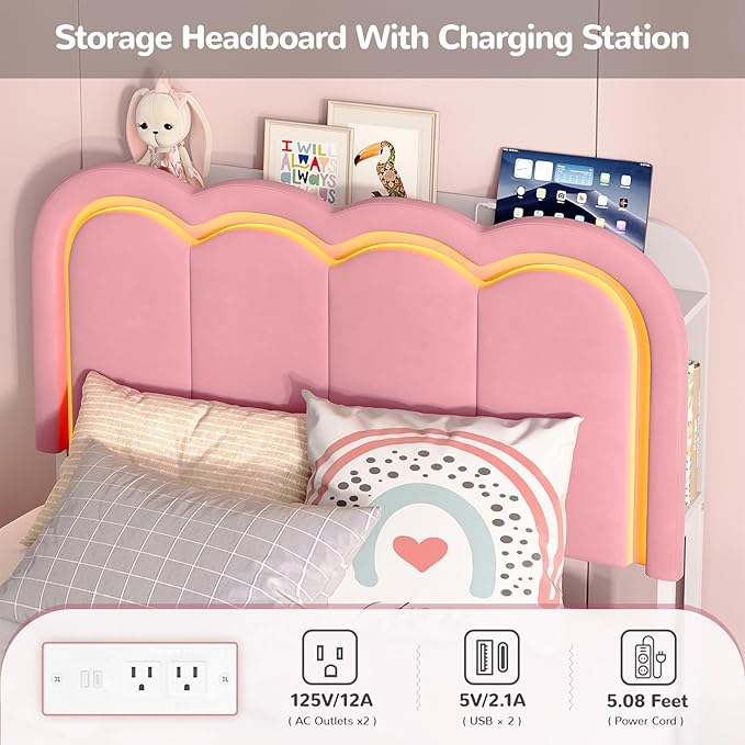 Maupvit Twin LED Bed Frame with Storage Headboard and 4 Drawers, Upholstered Platform Bed Frame with Bookcase, Velvet Princess Bed for Kids Girls, Charging Station, No Box Spring Needed, Pink