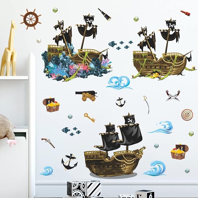4 Sheet Pirate Ship Wall Sticker Shipwreck Wall Decal DIY Self-Adhesive Waterproof Waves Treasure Fish Hook Pearl Coral Reef Wall Art Decoration for Bathroom Kids Boys Bedroom Playroom Nursery