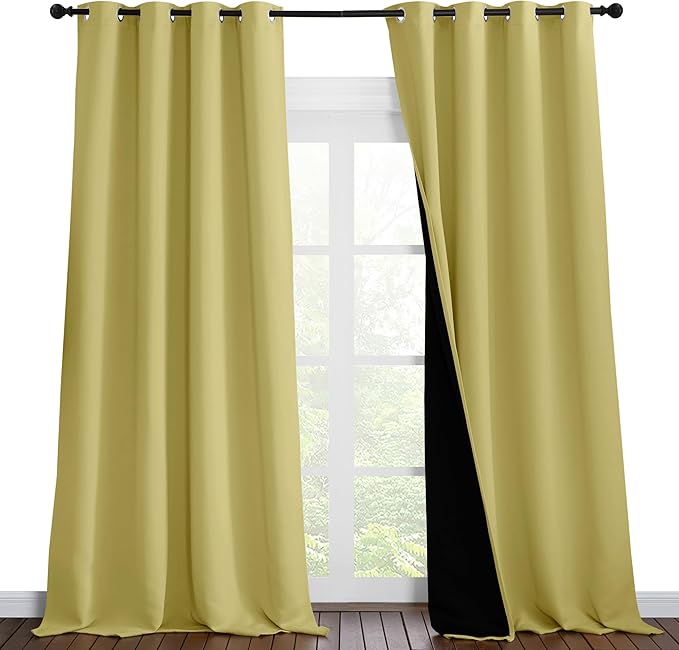 NICETOWN Total Shade Curtains and Draperies, Heavy-Duty Full Light Shading Drapes with Black Liner Backing for Villa/Hall/Dorm Window(Paler Yellow, Package of 2 Panels, 52 inches Wide x 95 inches Long
